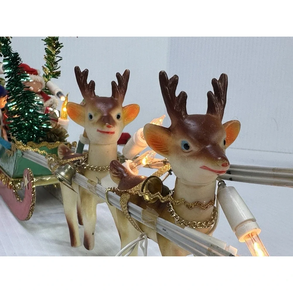 Vintage Christmas Santa Clause Pixie Elves Reindeers Sleigh Electric 1960s